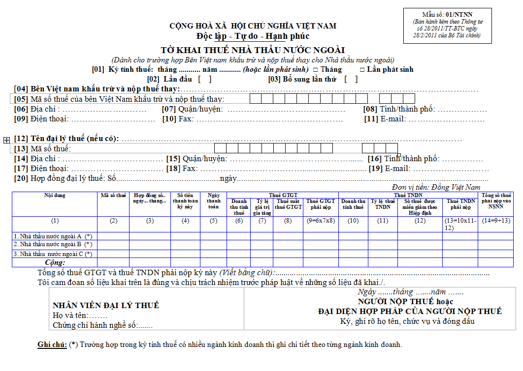 mẫu số 01/NTNN