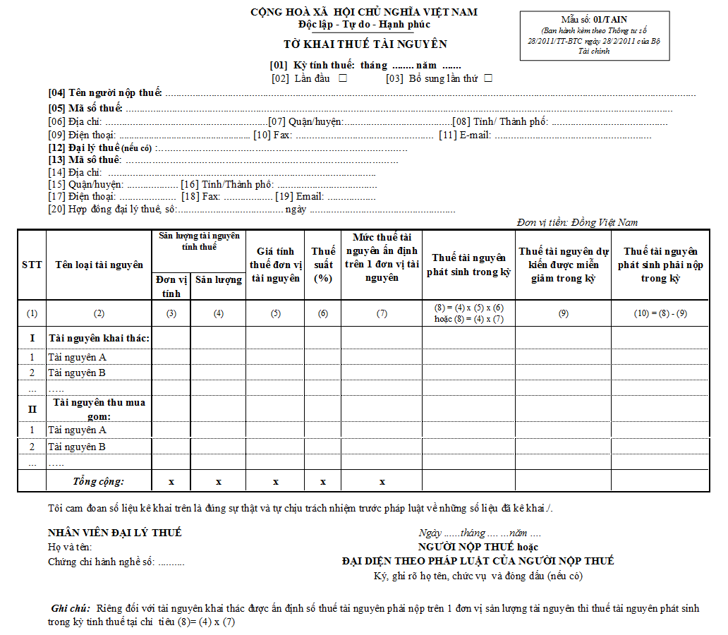 mẫu số 01/TAIN