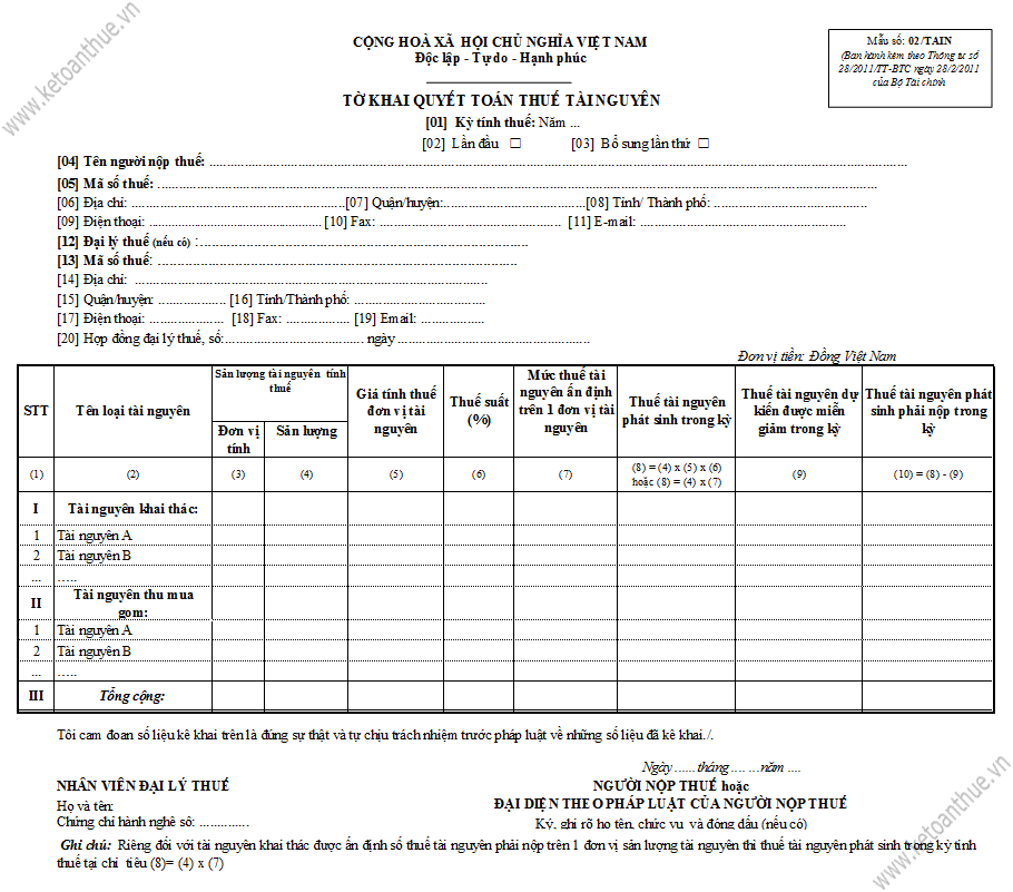 mẫu số 02/TAIN