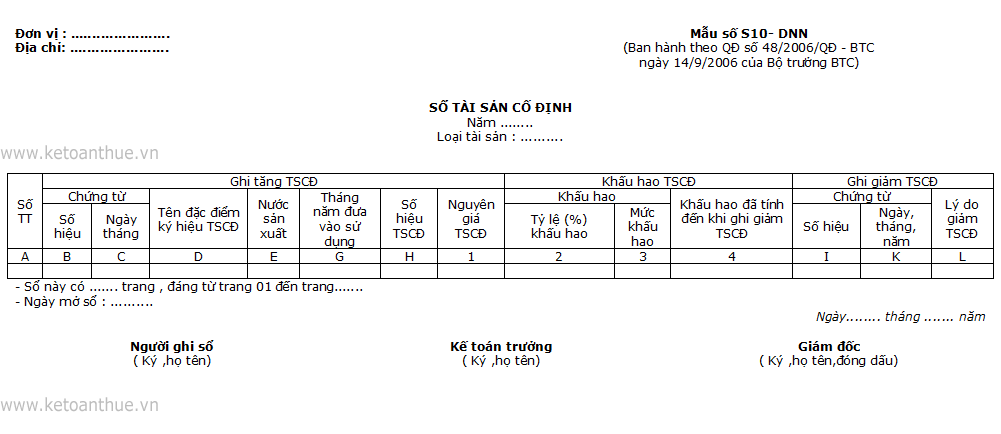 Mẫu số S10- DNN : SỔ TÀI SẢN CỐ ĐỊNH