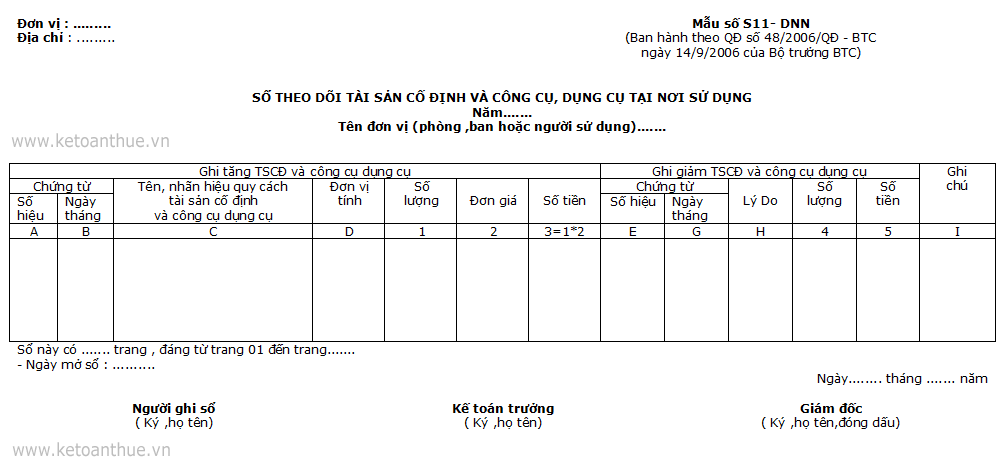 Mẫu số S11- DNN : SỔ THEO DÕI TÀI SẢN CỐ ĐỊNH VÀ CÔNG CỤ, DỤNG CỤ TẠI NƠI SỬ DỤNG