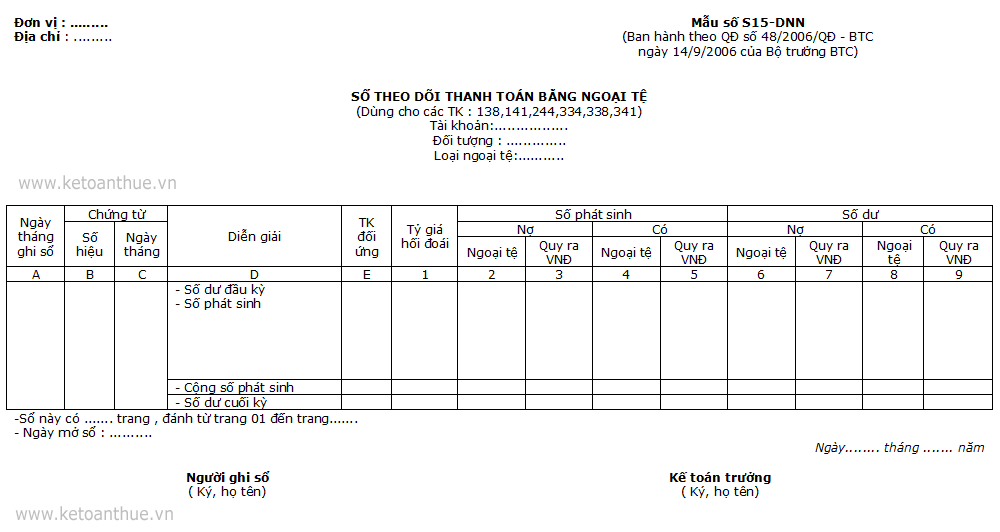 Mẫu số S15-DNN : SỔ THEO DÕI THANH TOÁN BẰNG NGOẠI TỆ