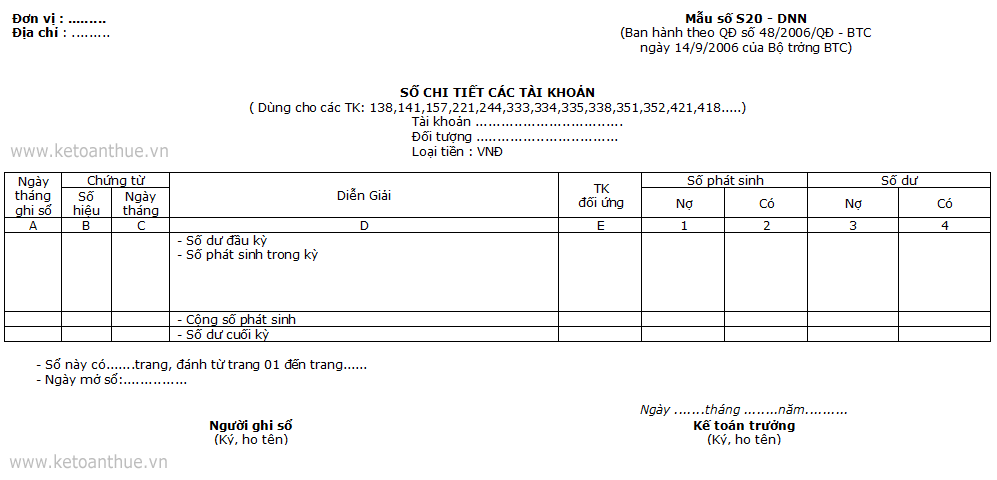 Mẫu số S20 - DNN : SỔ CHI TIẾT CÁC TÀI KHOẢN