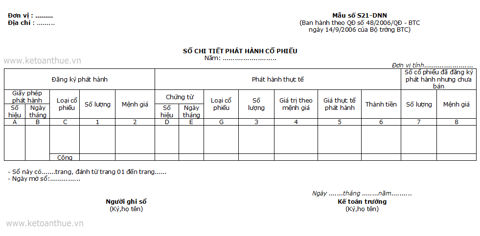 Mẫu số S21-DNN : SỔ CHI TIẾT PHÁT HÀNH CỔ PHIẾU