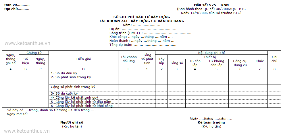 Mẫu số: S25 – DNN : SỔ CHI PHÍ ĐẦU TƯ XÂY DỰNG TÀI KHOẢN 241- XÂY DỰNG CƠ BẢN DỞ DANG